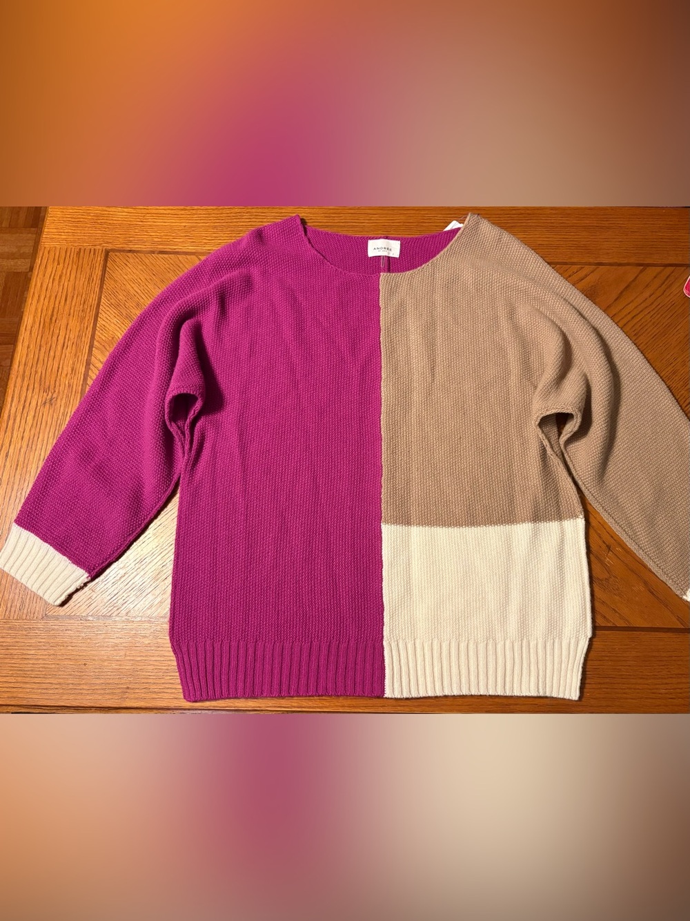 ANDREE BY UNIT Magenta, Beige & Cream Colorblock Crewneck Sweater small